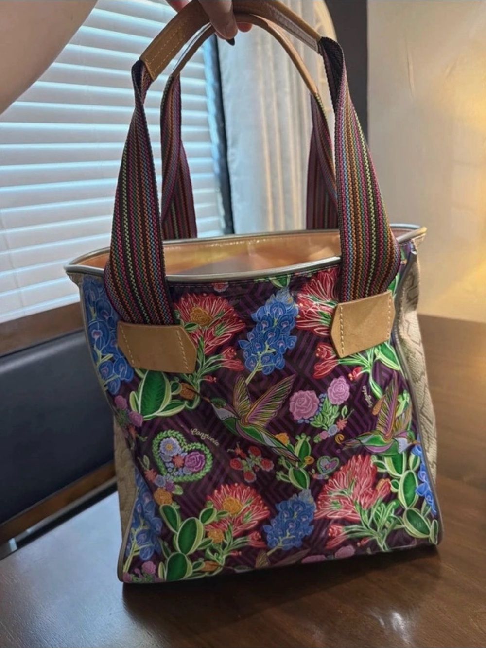 Consuela Purple Floral Hobo with Multicolor Striped Handles